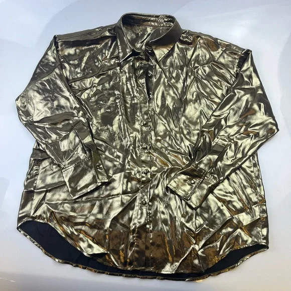 Allison New York Gold Lame Button Down Shirt N273-35 - Picture 3 of 6
